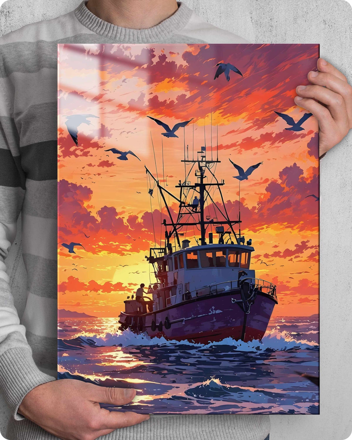 Sailing Ship Metal Poster - Red Sky & Blue Ocean