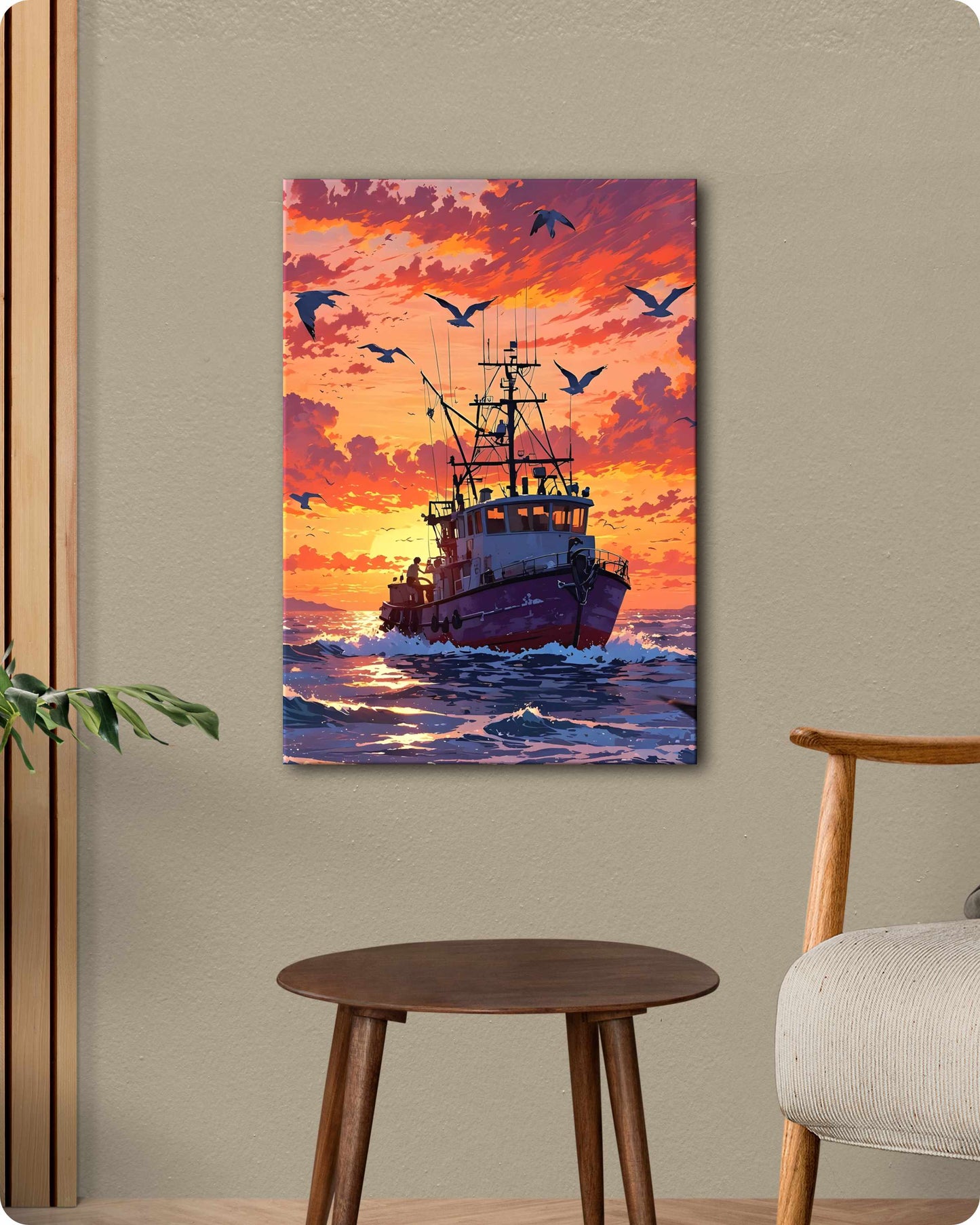 Sailing Ship Metal Poster - Red Sky & Blue Ocean