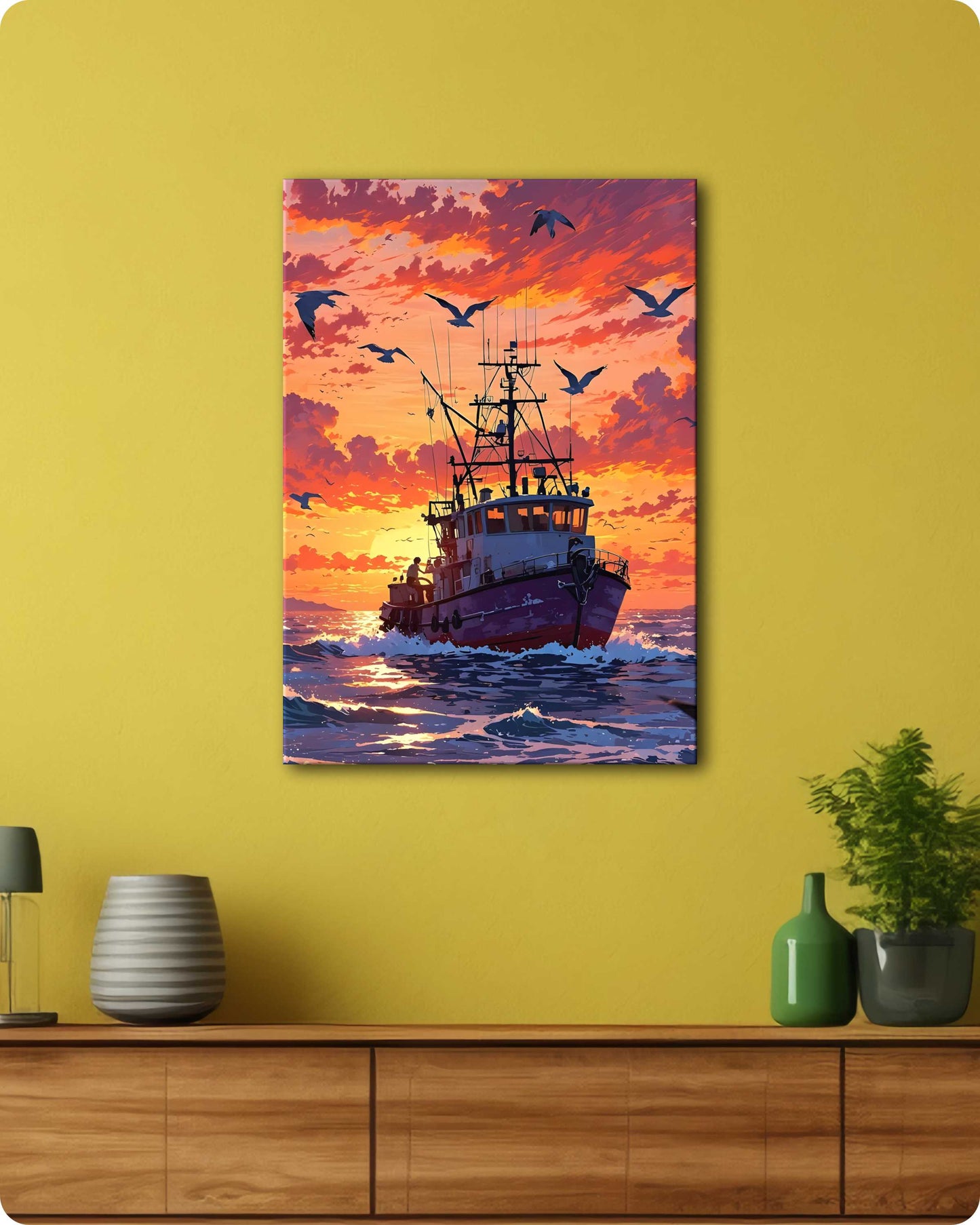 Sailing Ship Metal Poster - Red Sky & Blue Ocean