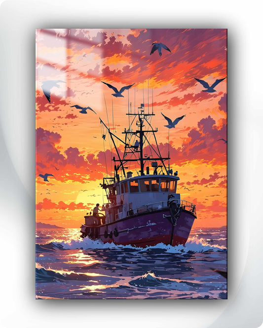 Sailing Ship Metal Poster - Red Sky & Blue Ocean