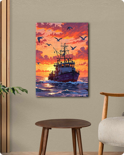 Sailing Ship Metal Poster - Red Sky & Blue Ocean